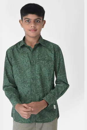 Crimsoune Club Boys Green Floral Printed Casual Pure Cotton Shirt