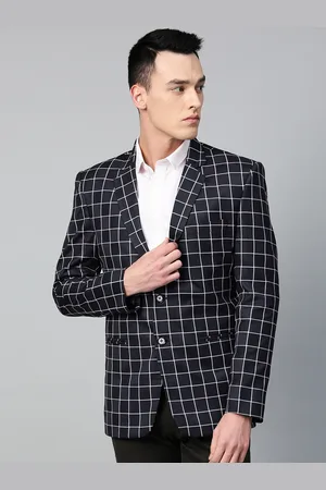 MANQ Men Navy Blue & White Checked Slim Fit Single Breasted Party Blazer