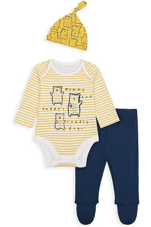 Mothercare Infant Boys White & Navy Blue Striped Pure Cotton Bodysuit with Trousers