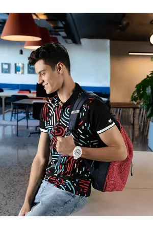 Pepe Jeans Men Black & Red Printed Pure Cotton Polo Collar T-shirt