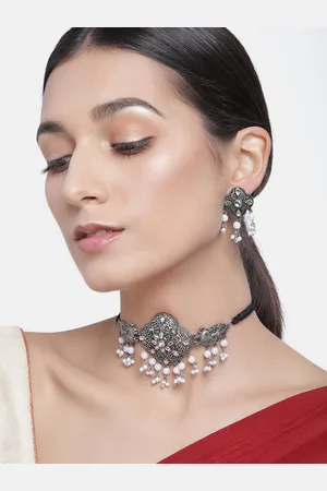 Kord Store Silver-Plated & White Oxidized Beaded Choker Jewellery Set