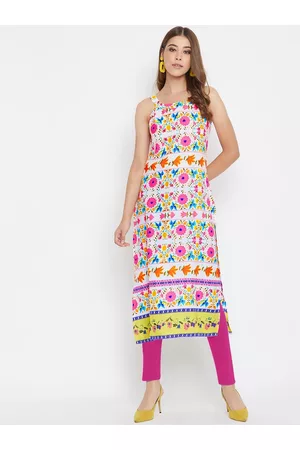 Berrylush Women White Floral Printed Halter Neck Floral Straight Kurta