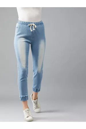 DOLCE CRUDO Women Blue Regular Fit Mid-Rise Clean Look Stretchable Denim Joggers