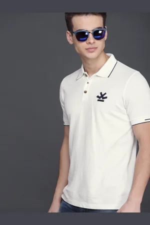 WROGN Men Off-White Slim Fit Polo Collar Cotton Pure Cotton T-shirt