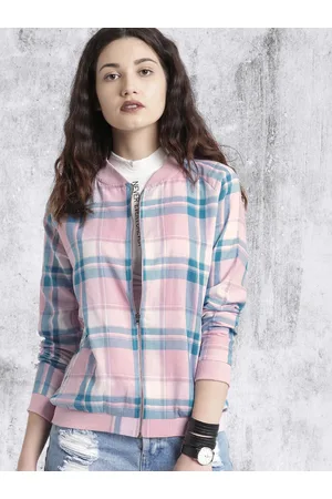 Roadster Women Pink & Blue Checked Bomber Jacket