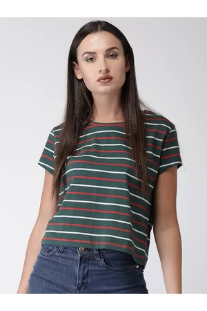 HARVARD Women Green Striped Round Neck Pure Cotton T-shirt