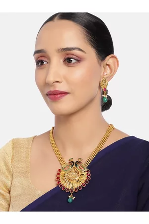 Asmitta Jewellery Gold Toned Peacock Inspired Meenakari Necklace Set