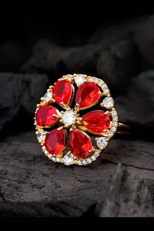 Aadita Gold-Plated and Red Stone-Studded Floral Ring