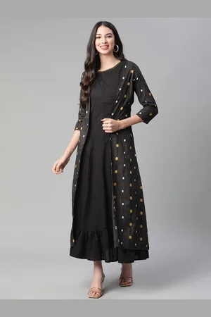 Rangriti Black Layered Ethnic Style Cotton A-Line Maxi Dress
