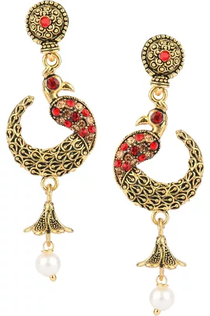 DESI COLOUR Gold-Toned & Red Contemporary Drop Earrings