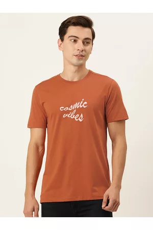 Forever 21 Men Brown & White Typography Printed {ure Cotton T-shirt
