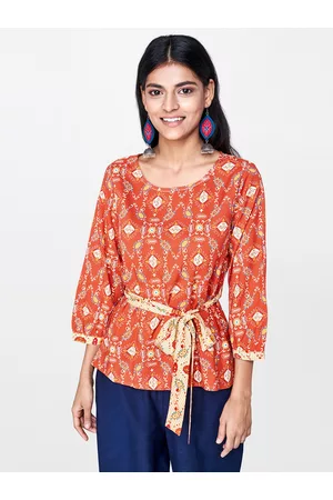 Global Desi Women Rust Red & Beige Printed Top