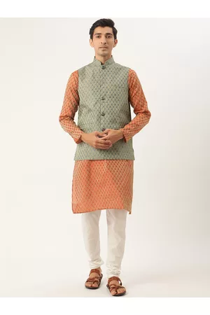 SOJANYA Men Orange Ethnic Motifs Jacquard Silk Kurta with Churidar & Nehru Jacket