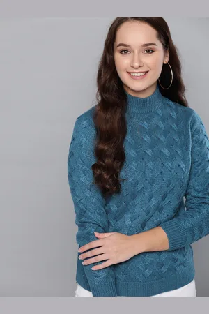 Mast & Harbour Women Teal Blue Self Design Sweater