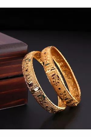Yellow Chimes Set Of 2 Gold-Plated Green & Red Enamelled Bangles