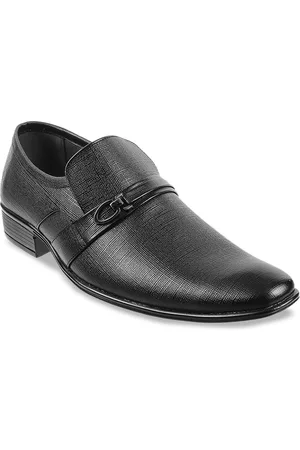 Metro Men Black Textured Leather Formal Slip Ons
