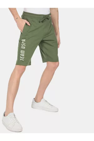 Ralph Lauren U S Polo Assn Denim Co Men Olive Green & White Printed Slim Fit Shorts