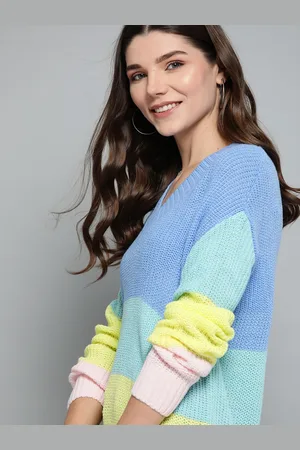 Mast & Harbour Women Blue Colourblocked Pullover Sweater