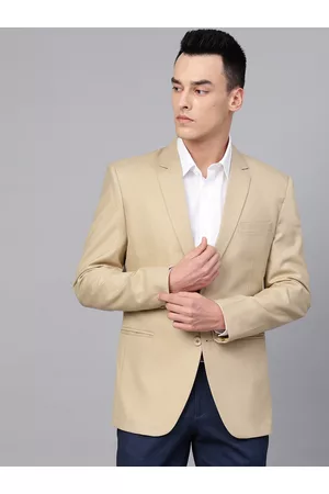 MANQ Men Beige Slim Fit Solid Single-Breasted Formal Blazer