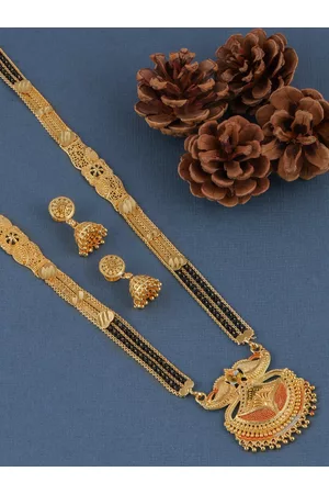 Brandsoon Gold-Plated Black Beaded Mangalsutra With Earrings