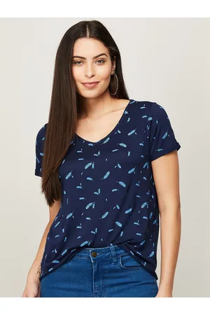 Lifestyle Women Floral t-shirts - Women Navy Blue Floral Printed V-Neck T-shirt
