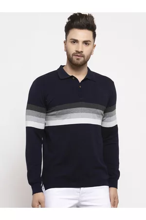 Kalt Men Navy Blue Striped Polo Collar T-shirt