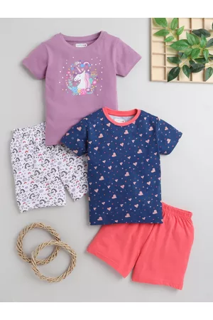 BUMZEE Girls Set of 2 Printed Pure Cotton T-shirt With Shorts