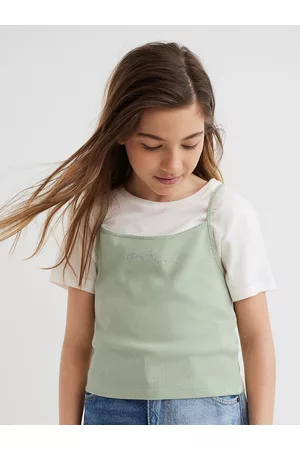 H&M Girls Pack Of 2 Green & White Pure Cotton Tops