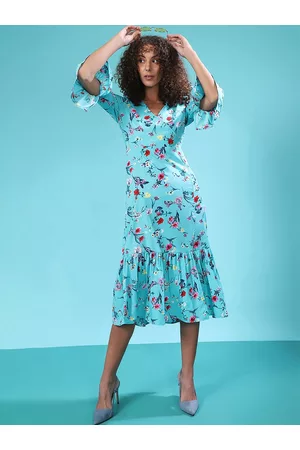 Campus Woman Blue Floral Drop-Waist Midi Dress