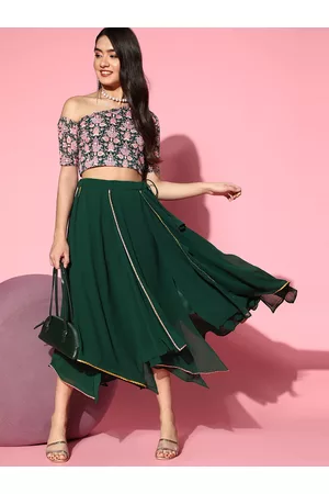 Inddus Women Bottle Green Embroidered Top with Solid Layered Skirt