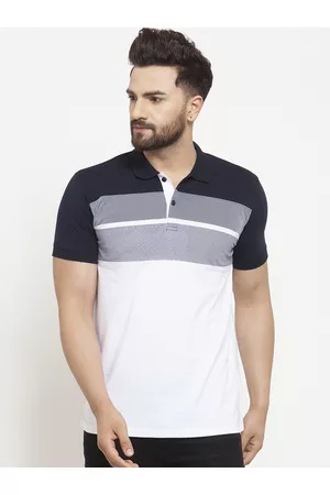 WILD WEST Men White & Navy Blue Colourblocked Polo Collar T-shirt