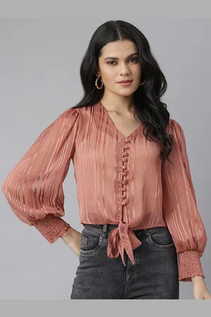 KASSUALLY Women Self Design Brown Puff Sleeve Georgette Shirt Style Top