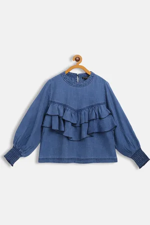 Antheaa Blue Bishop Sleeves Ruffles Smocked Denim Top