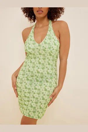 NA-KD Green Floral Halter Neck Bodycon Mini Dress