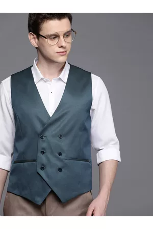 Louis Philippe Men Teal Blue Solid Waistcoat