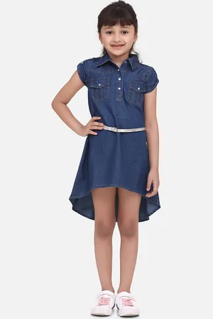 StyleStone Girls Blue Solid Denim Shirt Dress