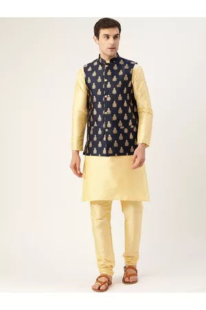 SOJANYA Men Golden & Navy Blue Solid Kurta with Churidar & Nehru Jacket