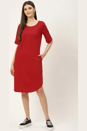 BRINN Red Solid Pure Cotton A-Line Midi Dress