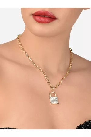 Ami Gold-Toned & Gold-Plated Diamonds Embellished Lock Pendant With Linked Chain