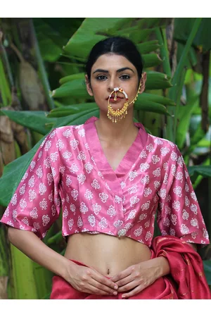 Chidiyaa Women Pink & White Blockprinted Saree Blouse