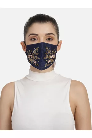 Anekaant Women Blue Embroidered 3-Ply Reusable Denim Fabric Cloth Mask