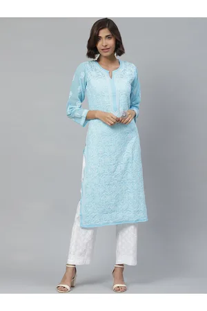 ADAM Co. Women Blue & White Chikankari Floral Embroidered Sustainable Handloom Kurta with Palazzos