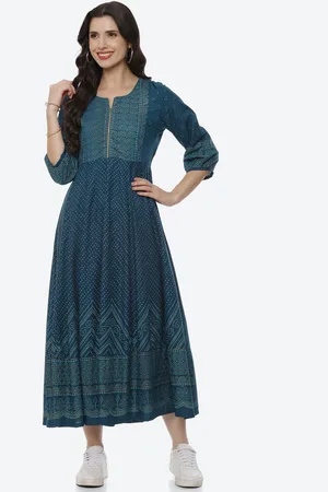 Rangriti Teal & White Ethnic Motifs Maxi Dress