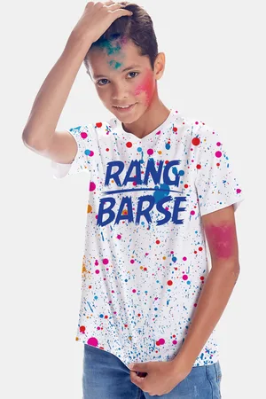 BONKIDS Boys White & Multicoloured Typography Printed Holi T-shirt
