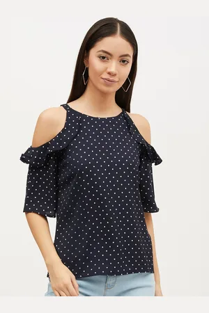 Harpa Women Navy Blue & White Polka Dots Printed Top