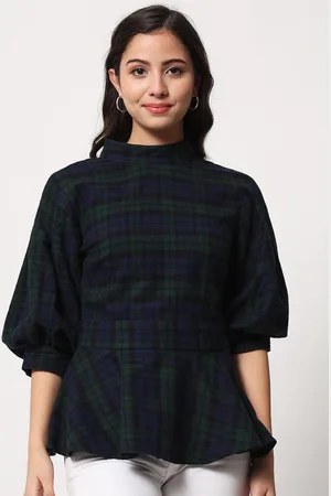CHARMGAL Blue Checked Peplum Top
