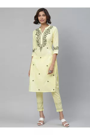 ADAM Co. Women Yellow & Olive Green Chikankari Floral Embroidered Sustainable Handloom Kurta with Trousers