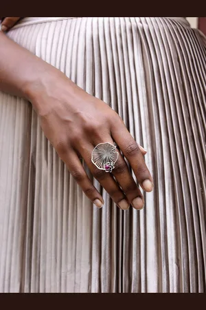 SHAYA Women Silver-Toned & Pink Sapphire Handcrafted Rise Above Fear Finger Ring