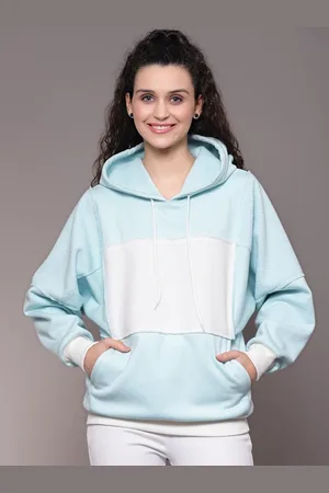 KASSUALLY Women Blue Colourblocked Hooded Sweatshirt