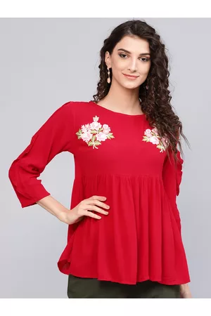 Bhama Couture Women Red Solid A-Line Pure Cotton Top